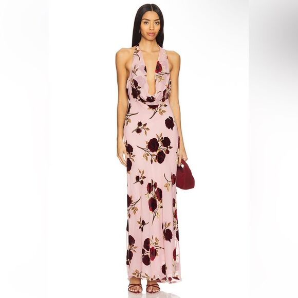 For Love And Lemons Dresses & Skirts - For Love And Lemons Velvet Halter Maxi Rose
Pink Floral Backless gown Revolve S